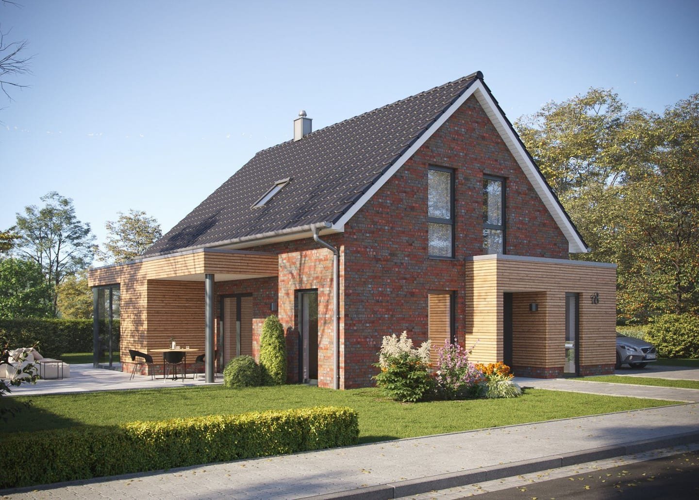 Fotorealistische Visualisierung eines Einfamilienhauses mit Klinkerfassade