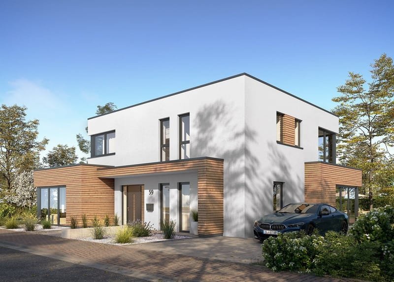 Visualisierung eines Einfamilienhauses mit Garten